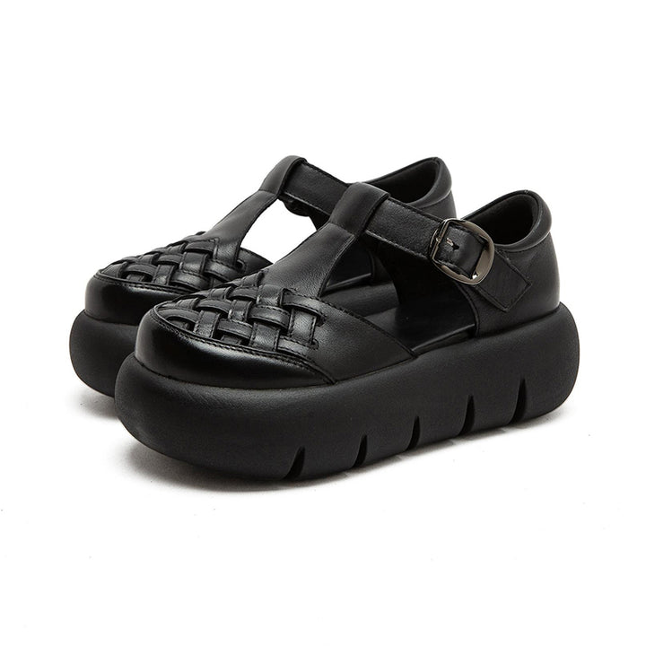 Vintage Leather Woven Platform Fisherman Sandals for Women in Black/Dark Brown/Beige