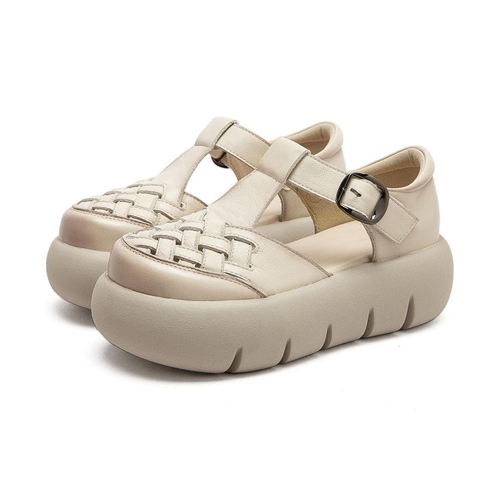 Vintage Leather Woven Platform Fisherman Sandals for Women in Black/Dark Brown/Beige