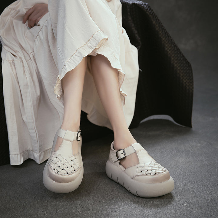 Vintage Leather Woven Platform Fisherman Sandals for Women in Black/Dark Brown/Beige
