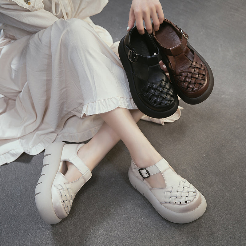 Vintage Leather Woven Platform Fisherman Sandals for Women in Black/Dark Brown/Beige