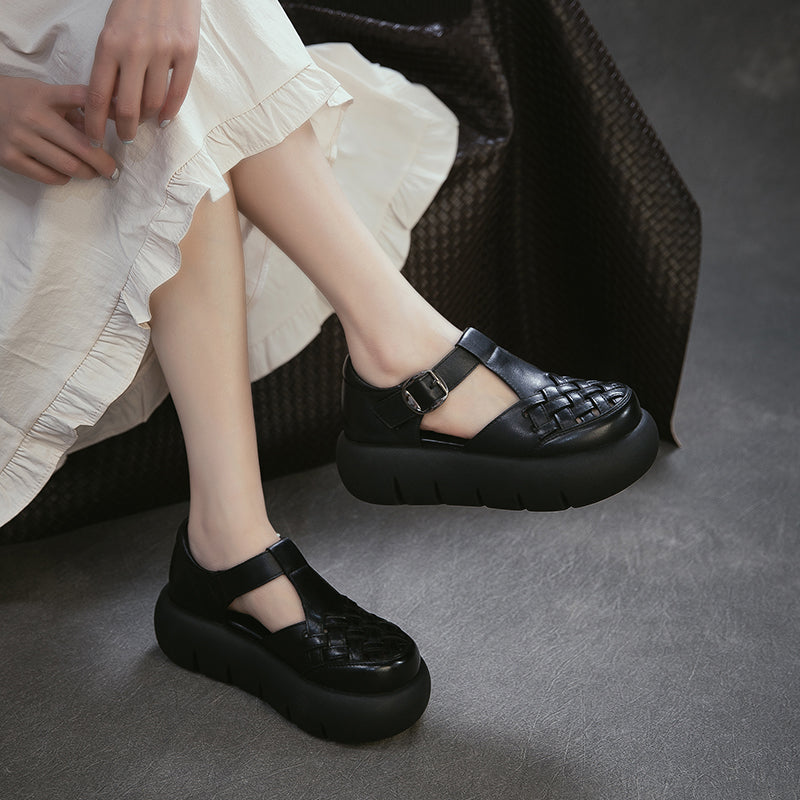 Vintage Leather Woven Platform Fisherman Sandals for Women in Black/Dark Brown/Beige