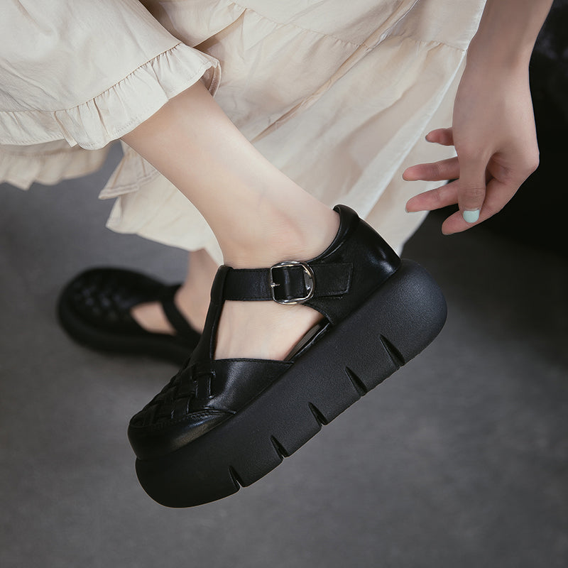 Vintage Leather Woven Platform Fisherman Sandals for Women in Black/Dark Brown/Beige
