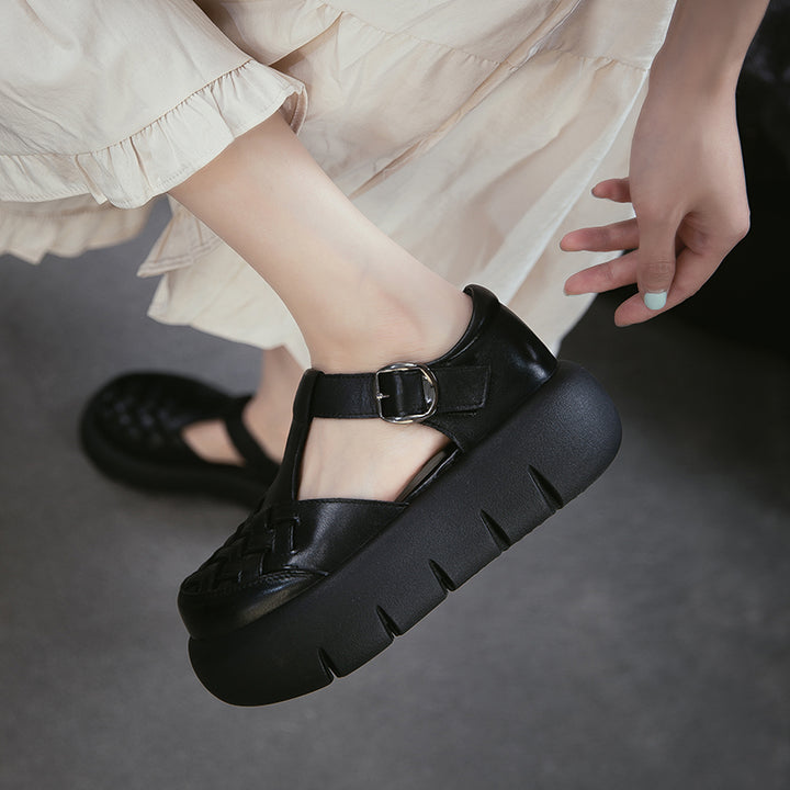 Vintage Leather Woven Platform Fisherman Sandals for Women in Black/Dark Brown/Beige