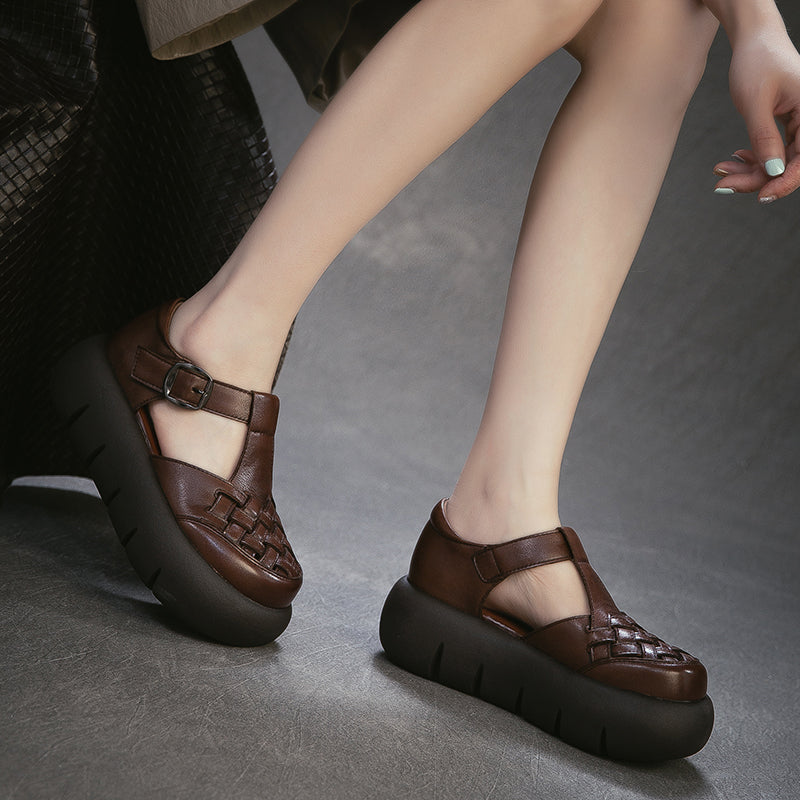 Vintage Leather Woven Platform Fisherman Sandals for Women in Black/Dark Brown/Beige