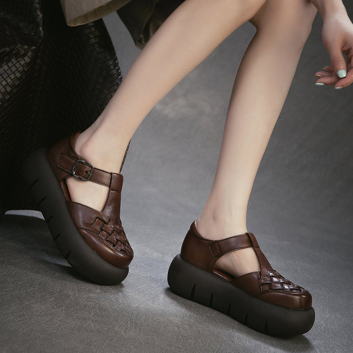 Vintage Leather Woven Platform Fisherman Sandals for Women in Black/Dark Brown/Beige