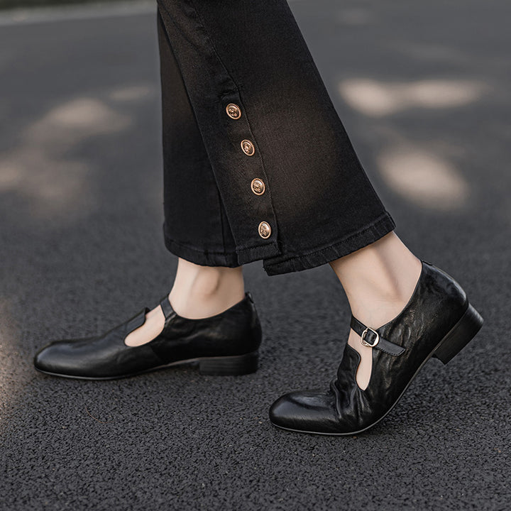 Ballerines Mary Jane en cuir souple fait main à bout carré en noir/marron/abricot