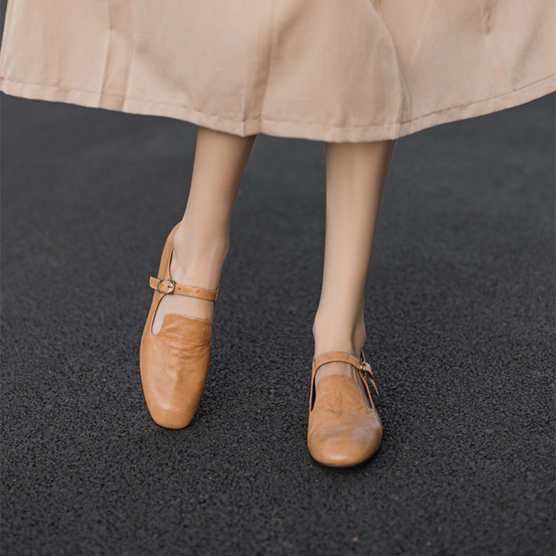 Ballerines Mary Jane en cuir souple fait main à bout carré en noir/marron/abricot