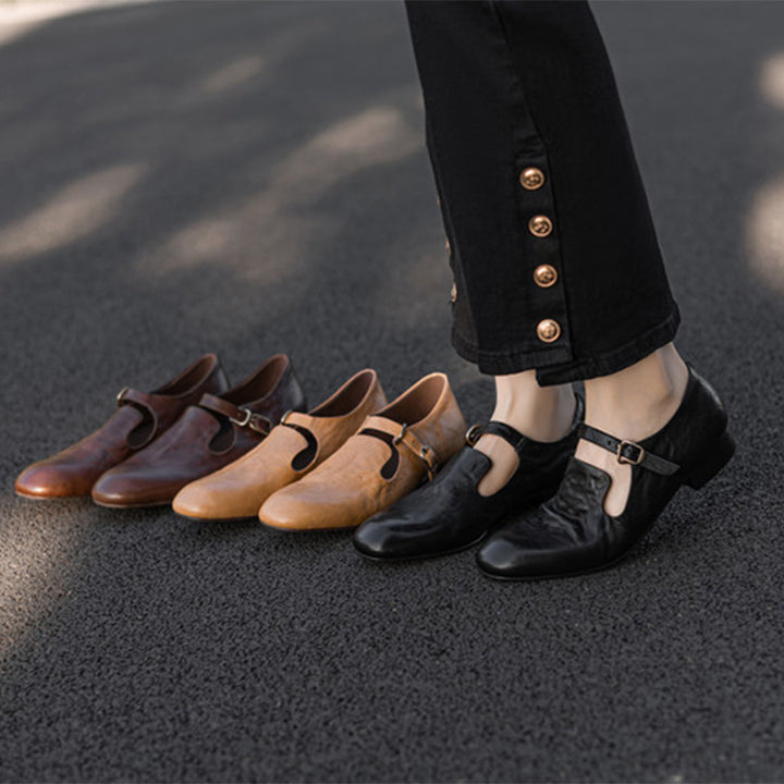 Ballerines Mary Jane en cuir souple fait main à bout carré en noir/marron/abricot