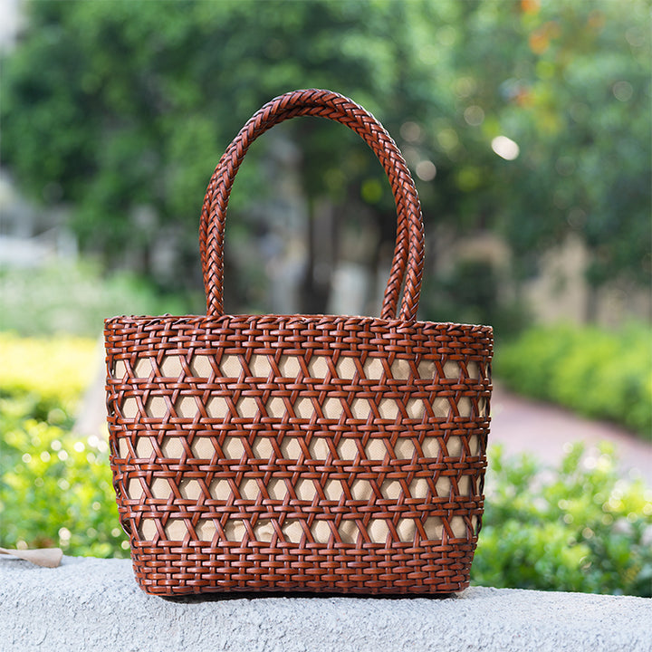 Sac Panier en Cuir de Vache Tissé Fait Main, Sac Classique à Main en Brun