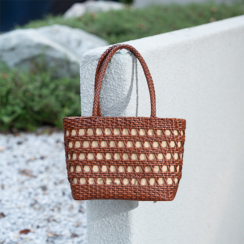 Sac Panier en Cuir de Vache Tissé Fait Main, Sac Classique à Main en Brun