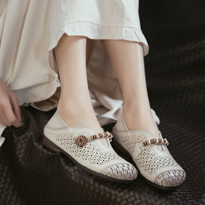 Ballerines Mary Jane découpées Mori Girl, chaussures décontractées en cuir faites à la main pour femmes en kaki/marron/beige