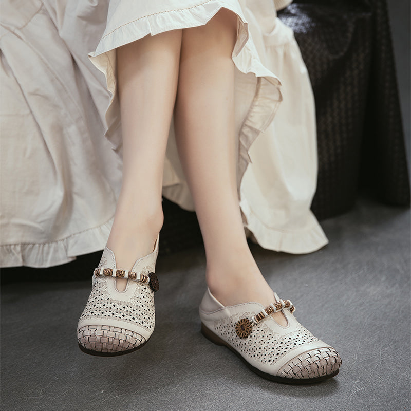 Ballerines Mary Jane découpées Mori Girl, chaussures décontractées en cuir faites à la main pour femmes en kaki/marron/beige