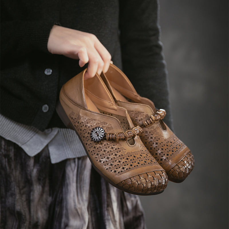 Ballerines Mary Jane découpées Mori Girl, chaussures décontractées en cuir faites à la main pour femmes en kaki/marron/beige