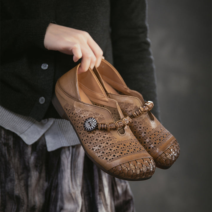 Ballerines Mary Jane découpées Mori Girl, chaussures décontractées en cuir faites à la main pour femmes en kaki/marron/beige