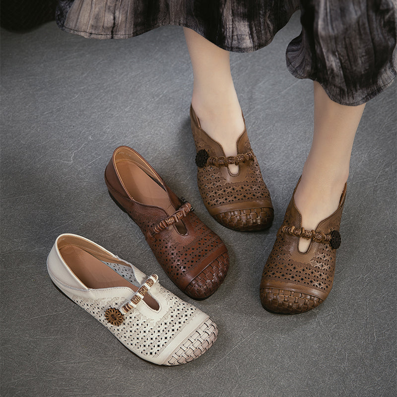Ballerines Mary Jane découpées Mori Girl, chaussures décontractées en cuir faites à la main pour femmes en kaki/marron/beige