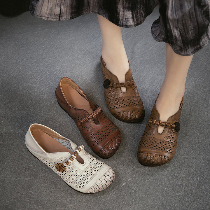 Ballerines Mary Jane découpées Mori Girl, chaussures décontractées en cuir faites à la main pour femmes en kaki/marron/beige