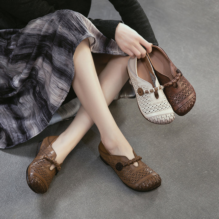 Ballerines Mary Jane découpées Mori Girl, chaussures décontractées en cuir faites à la main pour femmes en kaki/marron/beige