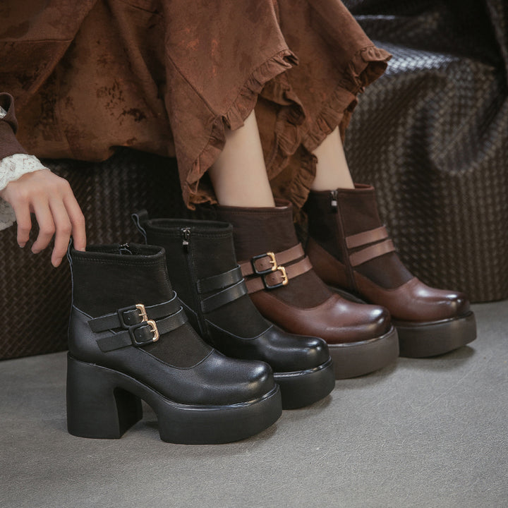 Bottes à lacets en cuir de vache faites à la main avec talon chunky de 80 mm et zip latéral en noir/marron