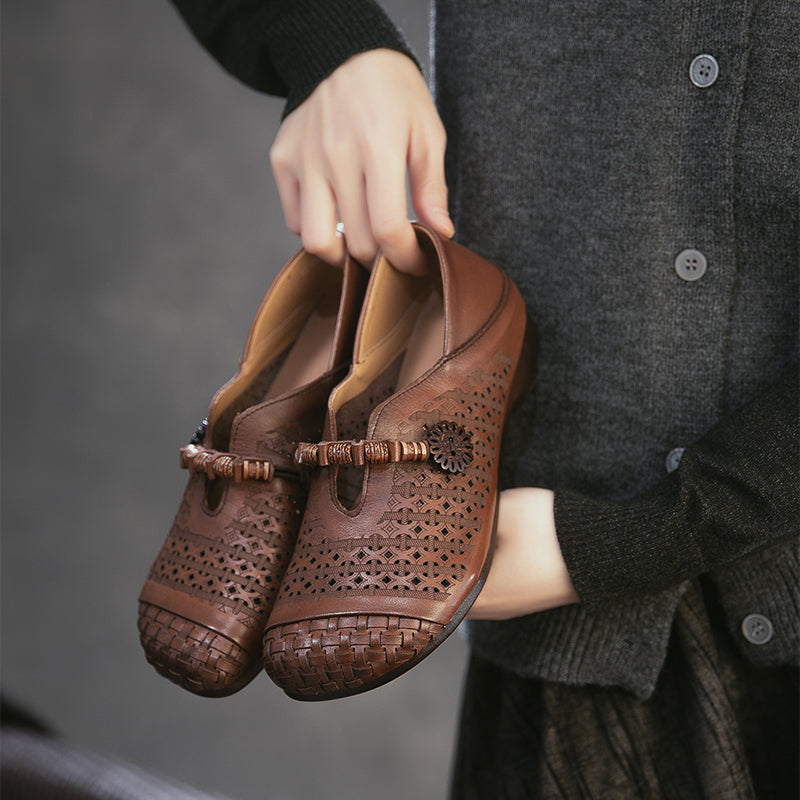 Ballerines Mary Jane découpées Mori Girl, chaussures décontractées en cuir faites à la main pour femmes en kaki/marron/beige