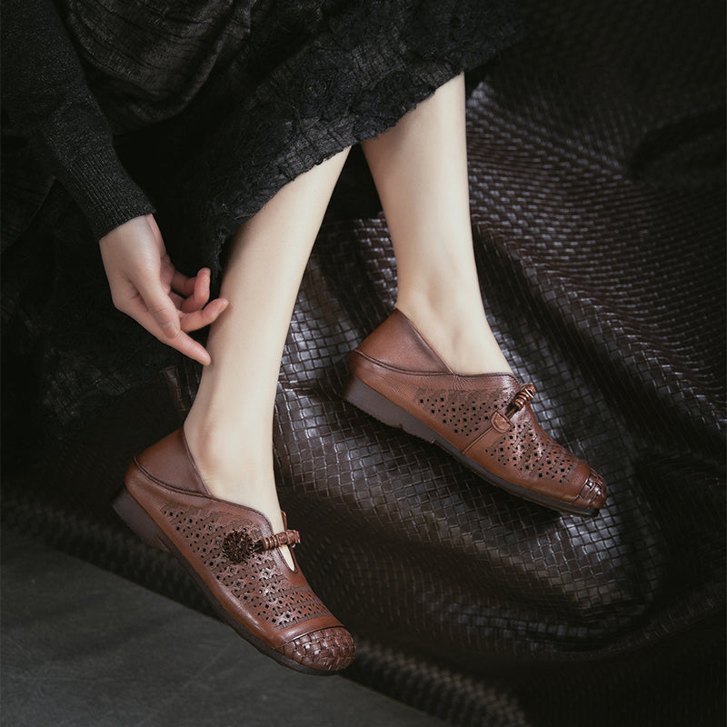 Ballerines Mary Jane découpées Mori Girl, chaussures décontractées en cuir faites à la main pour femmes en kaki/marron/beige