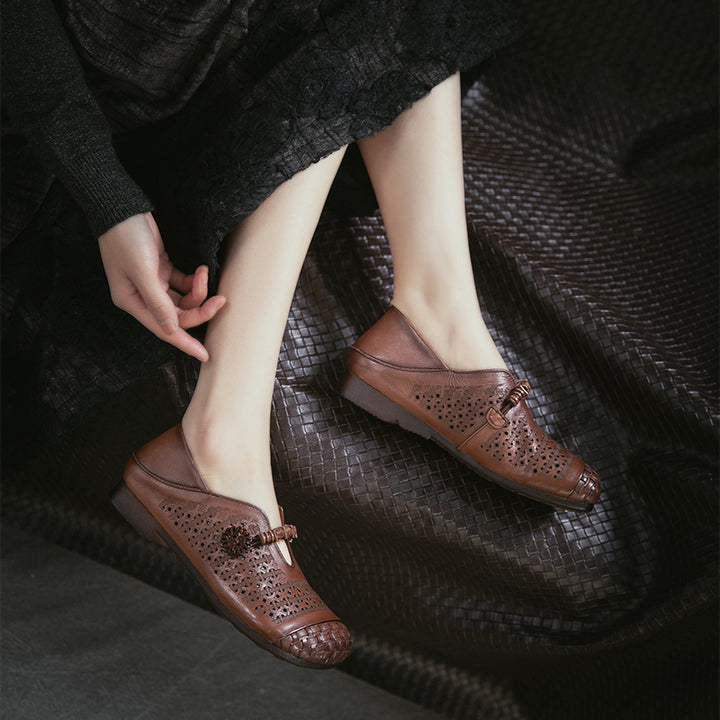 Ballerines Mary Jane découpées Mori Girl, chaussures décontractées en cuir faites à la main pour femmes en kaki/marron/beige