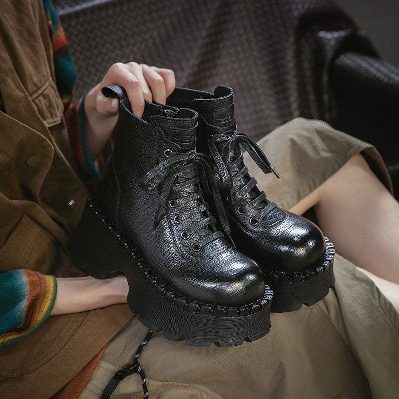 Retro 70mm Platform Leather Combat Ankle Boots for Women in Black/Green/Coffee