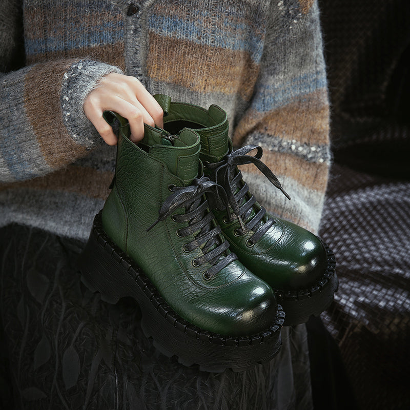 Retro 70mm Platform Leather Combat Ankle Boots for Women in Black/Green/Coffee