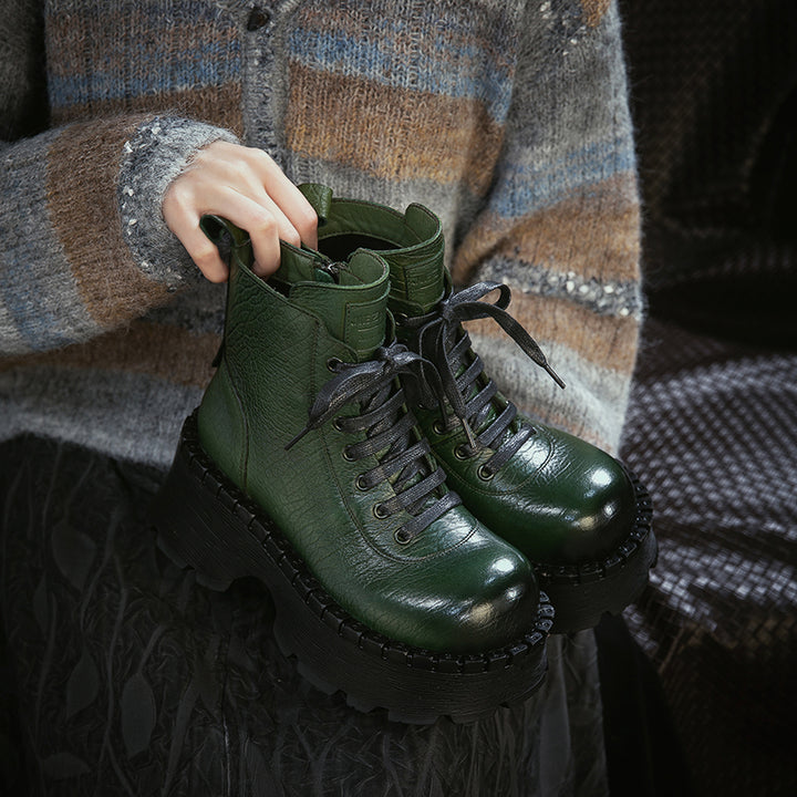 Retro 70mm Platform Leather Combat Ankle Boots for Women in Black/Green/Coffee