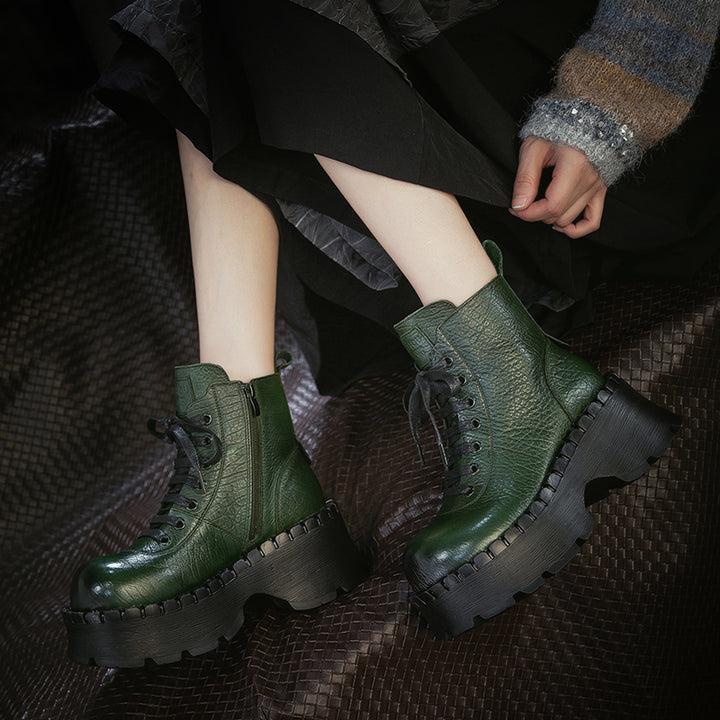Retro 70mm Platform Leather Combat Ankle Boots for Women in Black/Green/Coffee