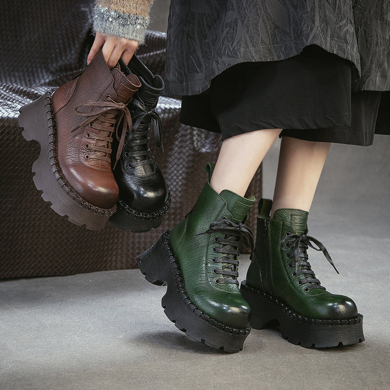 Retro 70mm Platform Leather Combat Ankle Boots for Women in Black/Green/Coffee