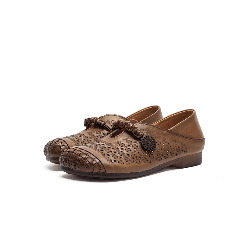 Ballerines Mary Jane découpées Mori Girl, chaussures décontractées en cuir faites à la main pour femmes en kaki/marron/beige
