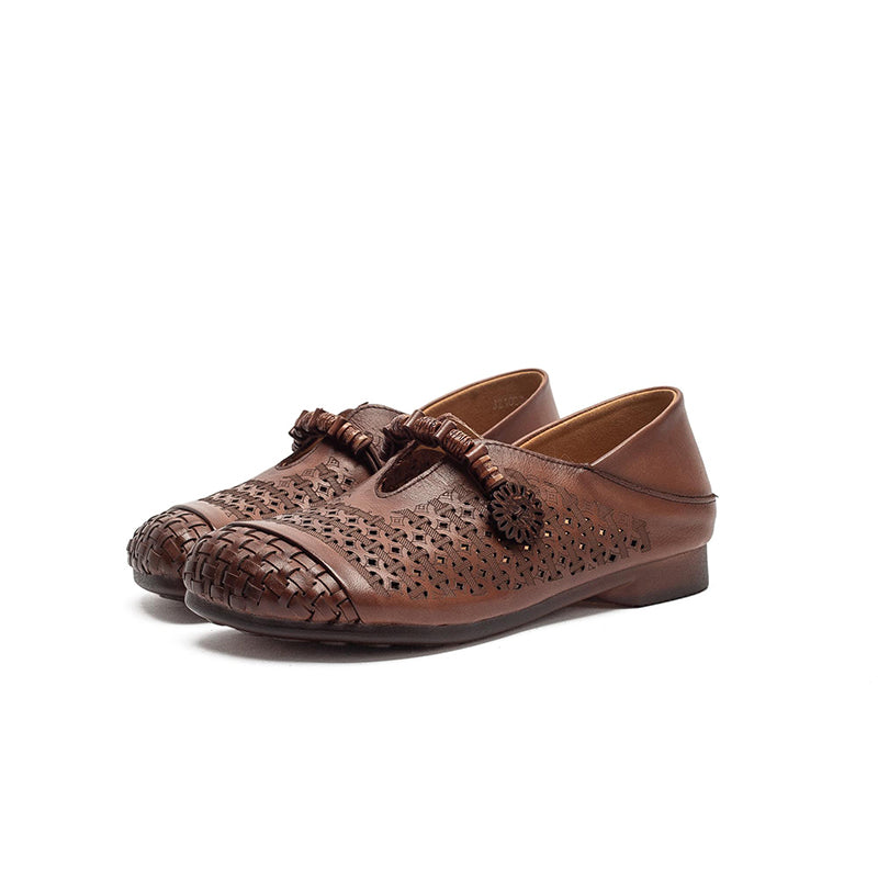 Ballerines Mary Jane découpées Mori Girl, chaussures décontractées en cuir faites à la main pour femmes en kaki/marron/beige