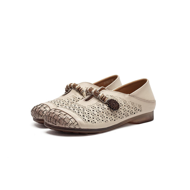 Ballerines Mary Jane découpées Mori Girl, chaussures décontractées en cuir faites à la main pour femmes en kaki/marron/beige