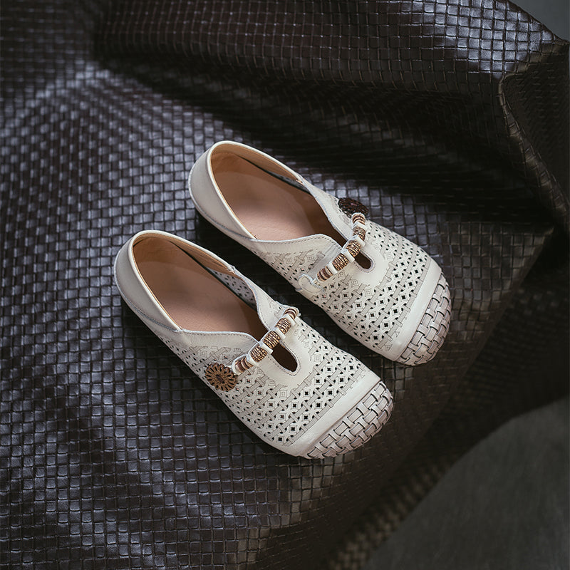 Ballerines Mary Jane découpées Mori Girl, chaussures décontractées en cuir faites à la main pour femmes en kaki/marron/beige