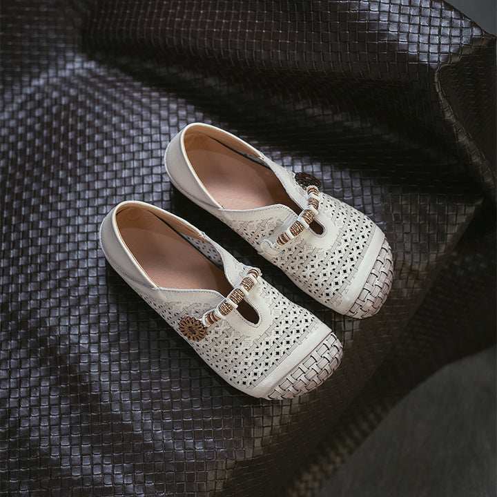 Ballerines Mary Jane découpées Mori Girl, chaussures décontractées en cuir faites à la main pour femmes en kaki/marron/beige