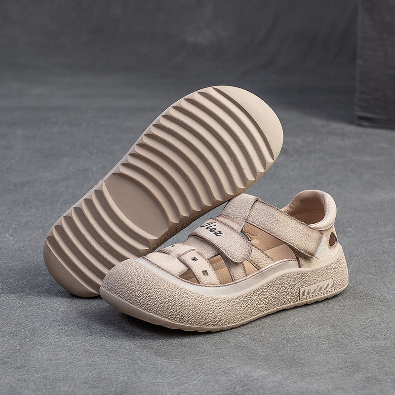 Sandales romaines en cuir de vache à plateforme avec découpes et Velcro en couleur beige/jaune/taro