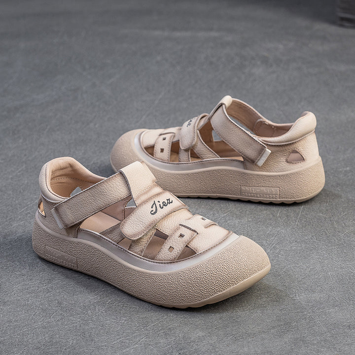 Sandales romaines en cuir de vache à plateforme avec découpes et Velcro en couleur beige/jaune/taro