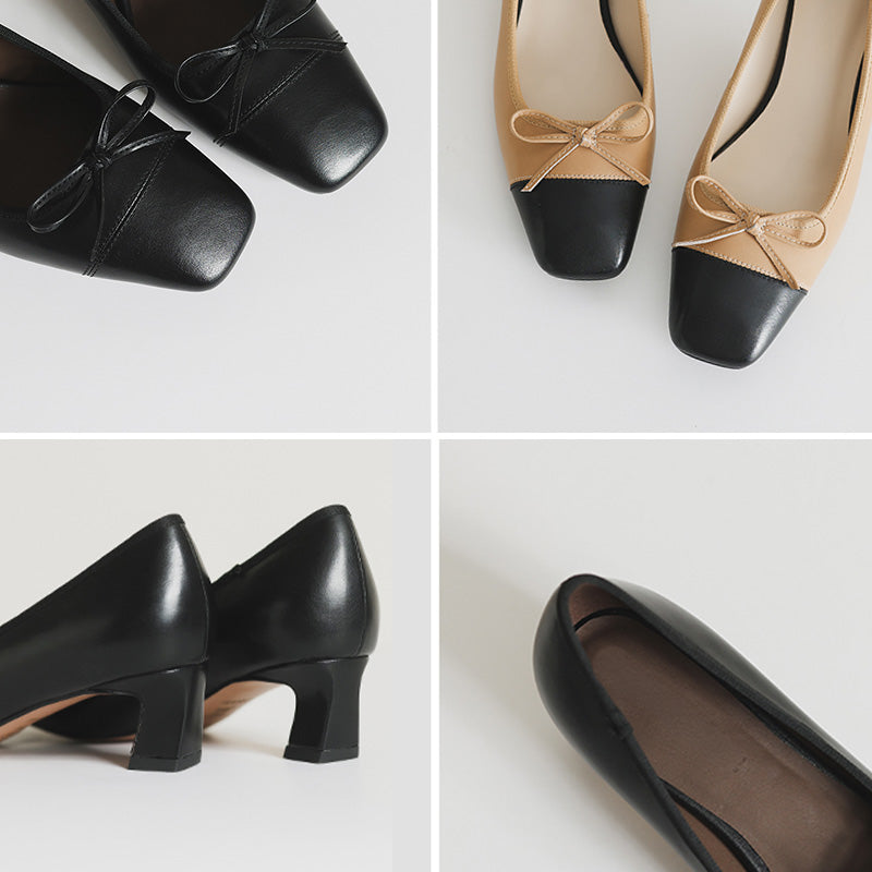 Escarpins à talon bloc à enfiler en cuir, chaussures de bureau à bout carré, color blocking en beige