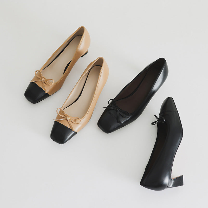 Escarpins à talon bloc à enfiler en cuir, chaussures de bureau à bout carré, color blocking en beige