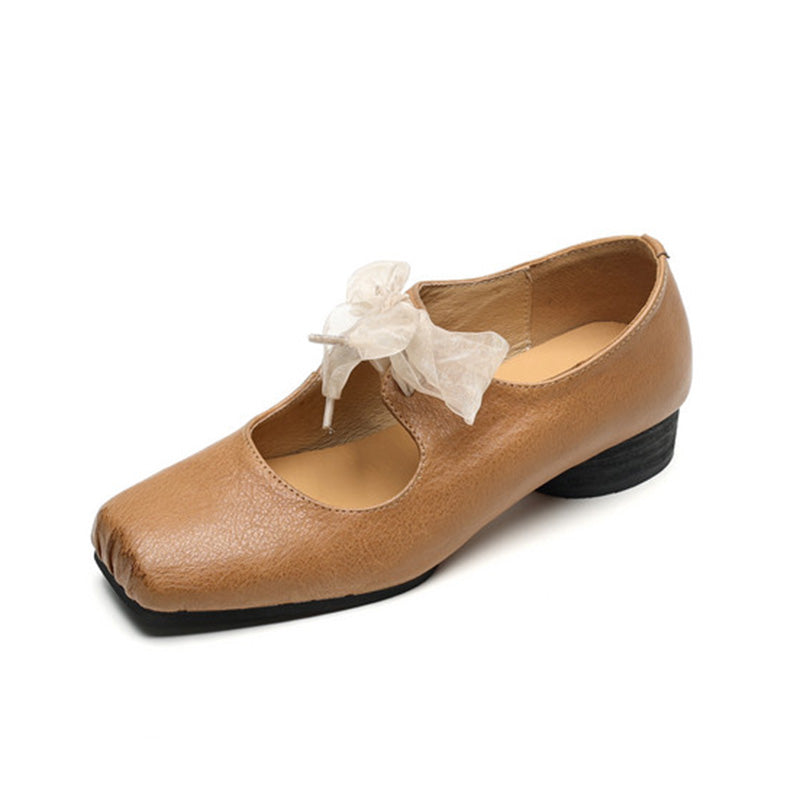 Handmade Washed Horse Leather Bow Tie Ballet Styles Mary Janes in Light Brown/Gray/Black