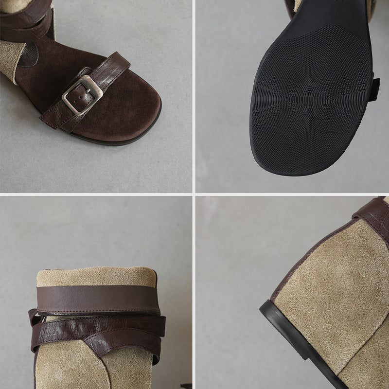 Horse Leather Wedge Sandal Boots for Women Cut-Out Open Toe Buckle Ankle Boots in Khaki/Brown