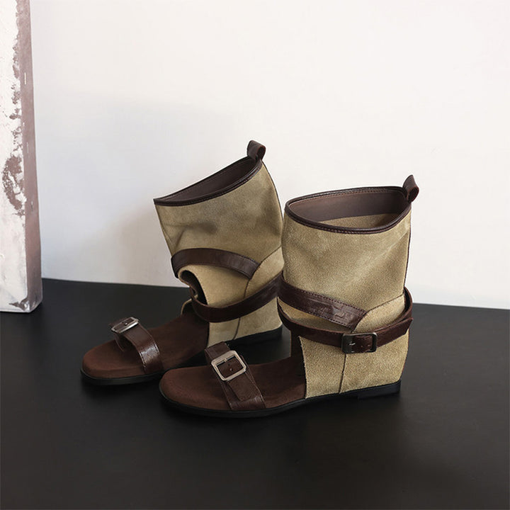Horse Leather Wedge Sandal Boots for Women Cut-Out Open Toe Buckle Ankle Boots in Khaki/Brown