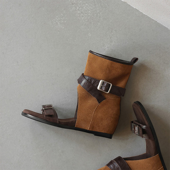 Horse Leather Wedge Sandal Boots for Women Cut-Out Open Toe Buckle Ankle Boots in Khaki/Brown