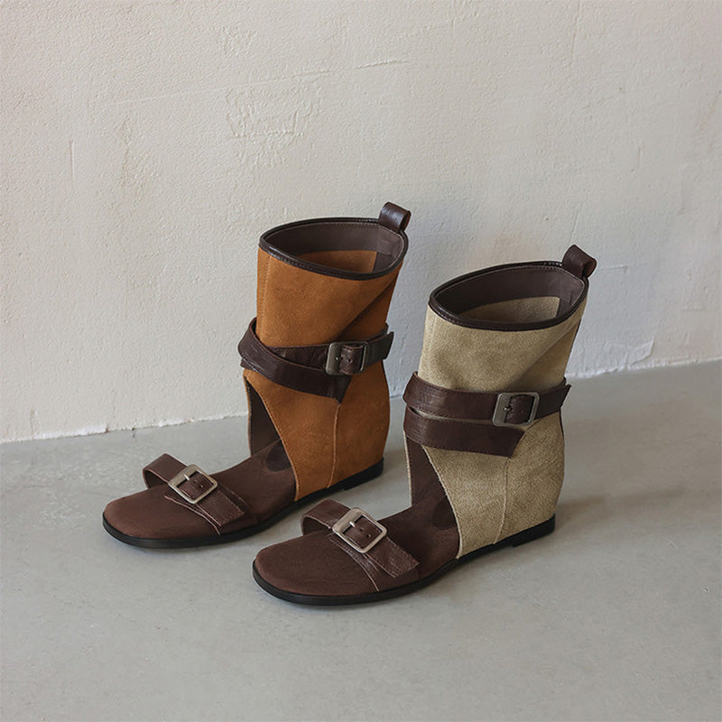 Horse Leather Wedge Sandal Boots for Women Cut-Out Open Toe Buckle Ankle Boots in Khaki/Brown