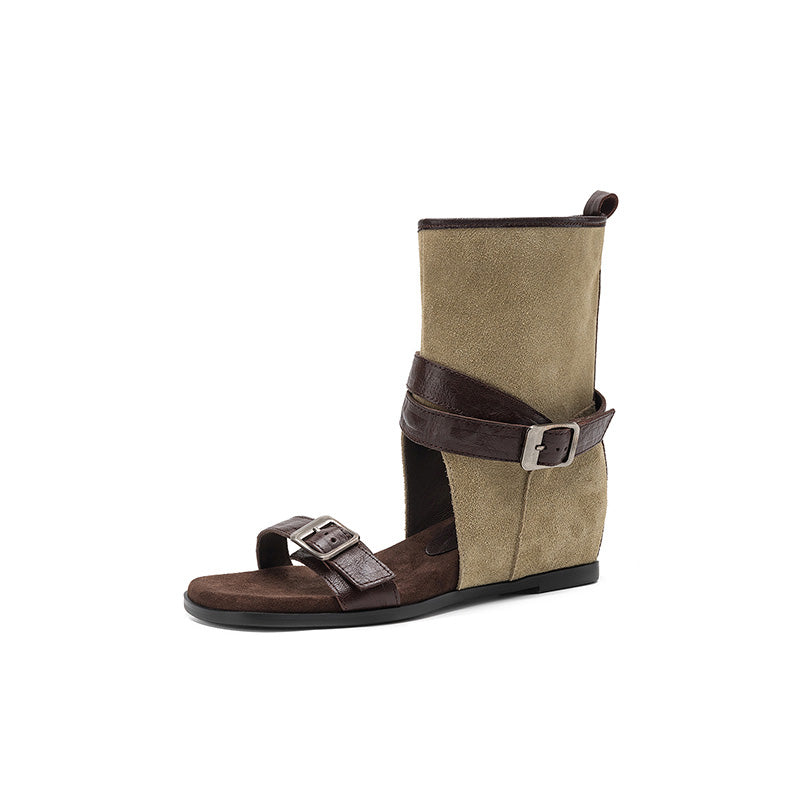 Horse Leather Wedge Sandal Boots for Women Cut-Out Open Toe Buckle Ankle Boots in Khaki/Brown