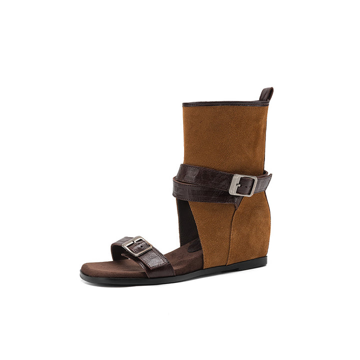 Horse Leather Wedge Sandal Boots for Women Cut-Out Open Toe Buckle Ankle Boots in Khaki/Brown