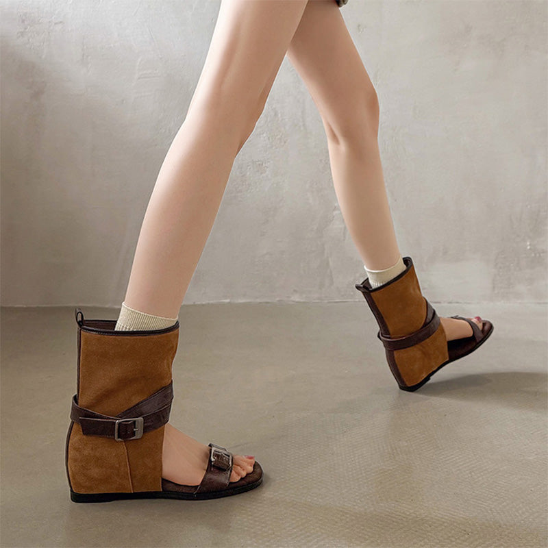 Horse Leather Wedge Sandal Boots for Women Cut-Out Open Toe Buckle Ankle Boots in Khaki/Brown