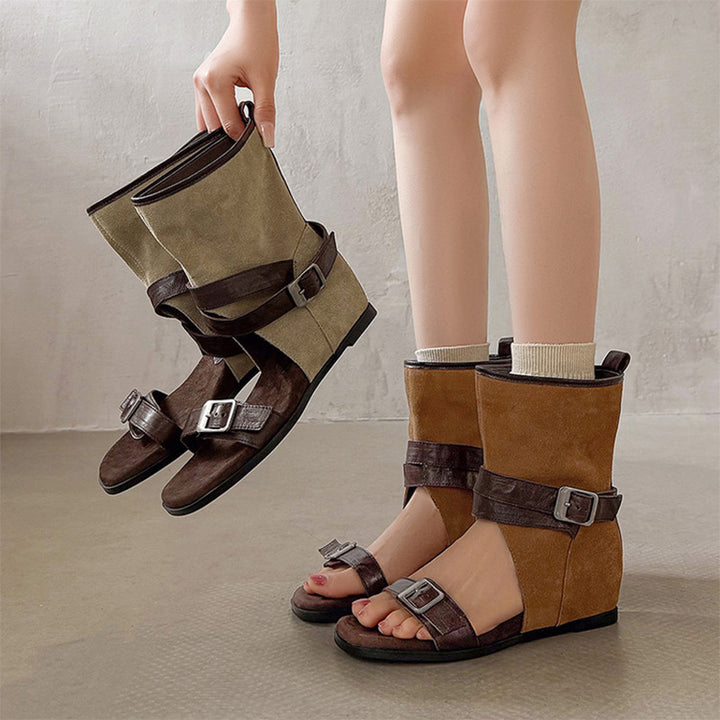 Horse Leather Wedge Sandal Boots for Women Cut-Out Open Toe Buckle Ankle Boots in Khaki/Brown