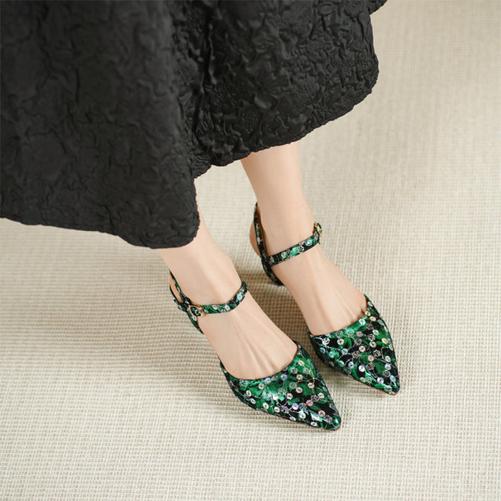 Colorful Leather Sequin Floral Slingback Kitten Heel Sandals in Black-Colorful/Green-Colorful