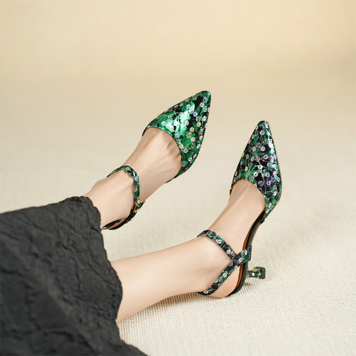 Colorful Leather Sequin Floral Slingback Kitten Heel Sandals in Black-Colorful/Green-Colorful